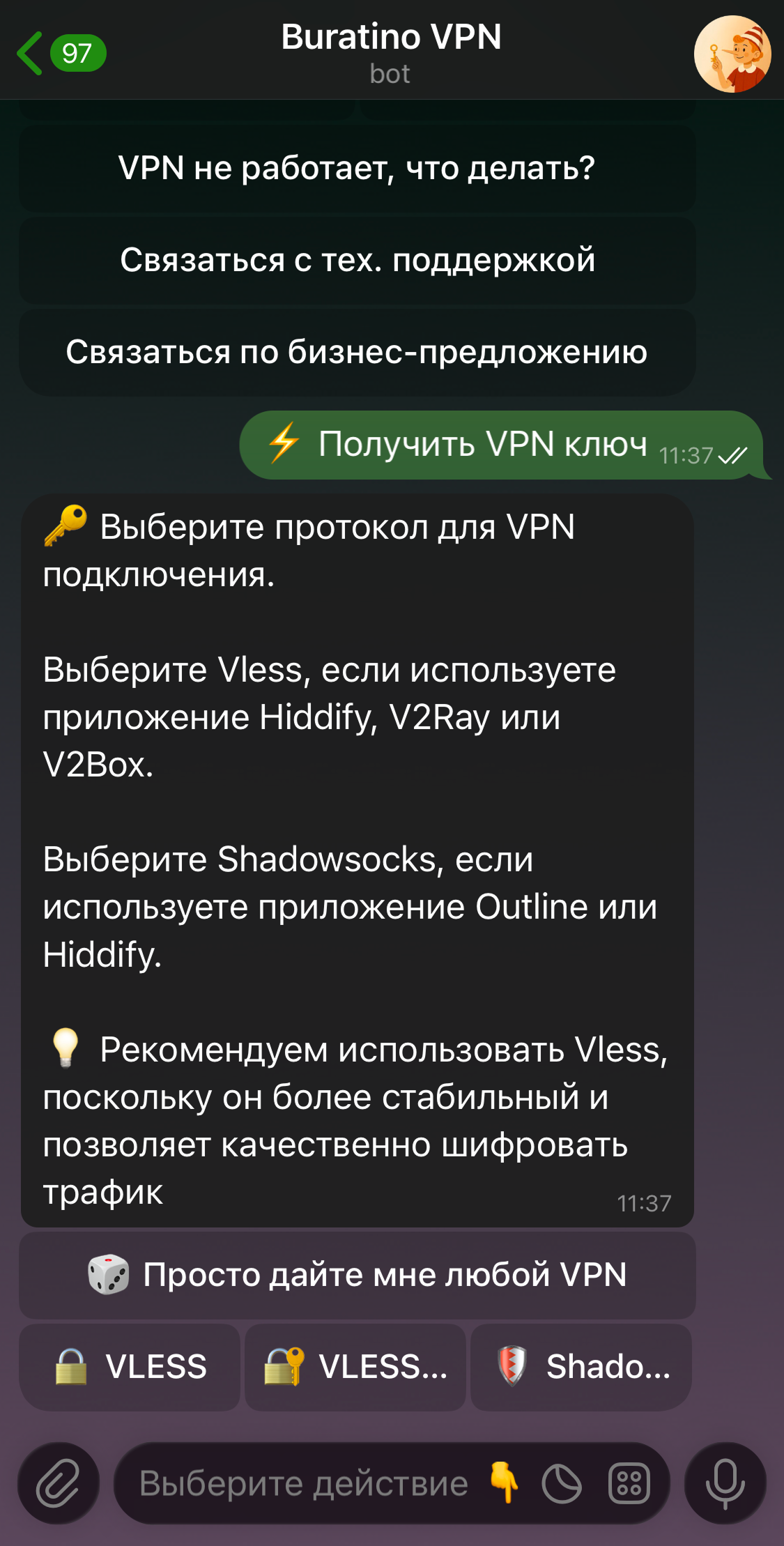 Получить VPN ключ в боте